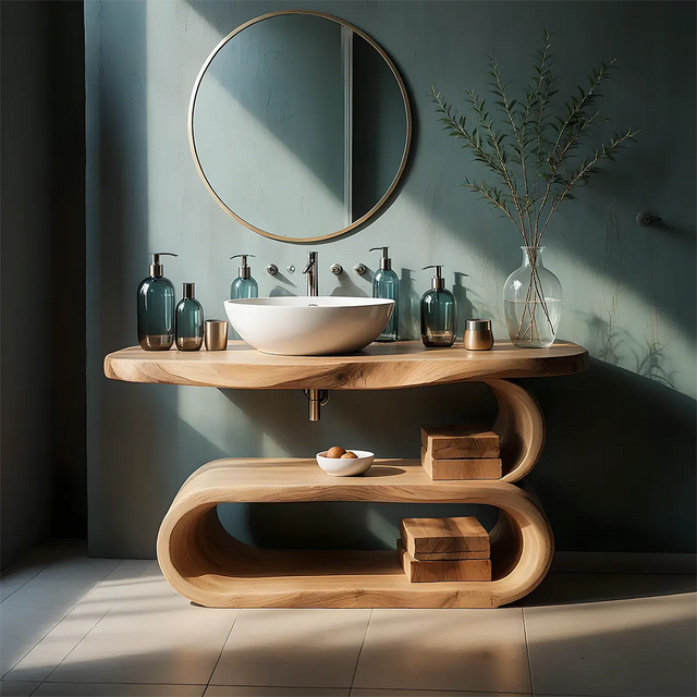 WaveArc Vanity – Solid Wood Bathroom with Zen Curves - Rustirawood